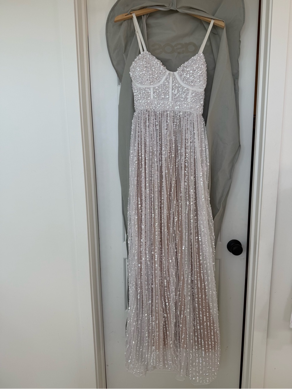 Sequin Mesh Spaghetti Strap Evening Dress - white